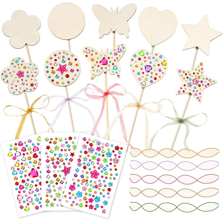 AUGSUN 43Pcs Princess Fairy Wands Kit, 20Pcs Wood Fairy Wands 20 Ribbons with 3 Sheets Gem Stickers Birthday Party Supplies Make Your Own DIY Crafts Art Magical Gifts AUGSUN