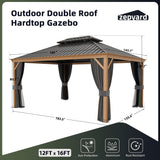 ZEPYARD 12x16 FT Hardtop Gazebo, Metal Outdoor Gazebo with Wood-Grain Coating, Netting and Curtains, Double Galvanized Steel Roof, Patio Hard Top Gazebo for Backyard, Deck, Poolside (Grey) ZEPYARD