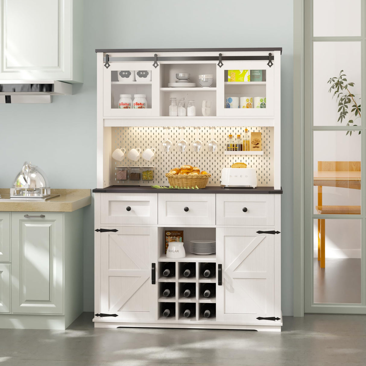 71" Farmhouse Coffee Wine Bar Cabinet with LED Lights, Rustic White Large High Kitchen Pantry Cabine with Sliding Barn Door, DIY Pegboard, Drawers,Glass Holder for Home Office Coffee Corner Station eodme