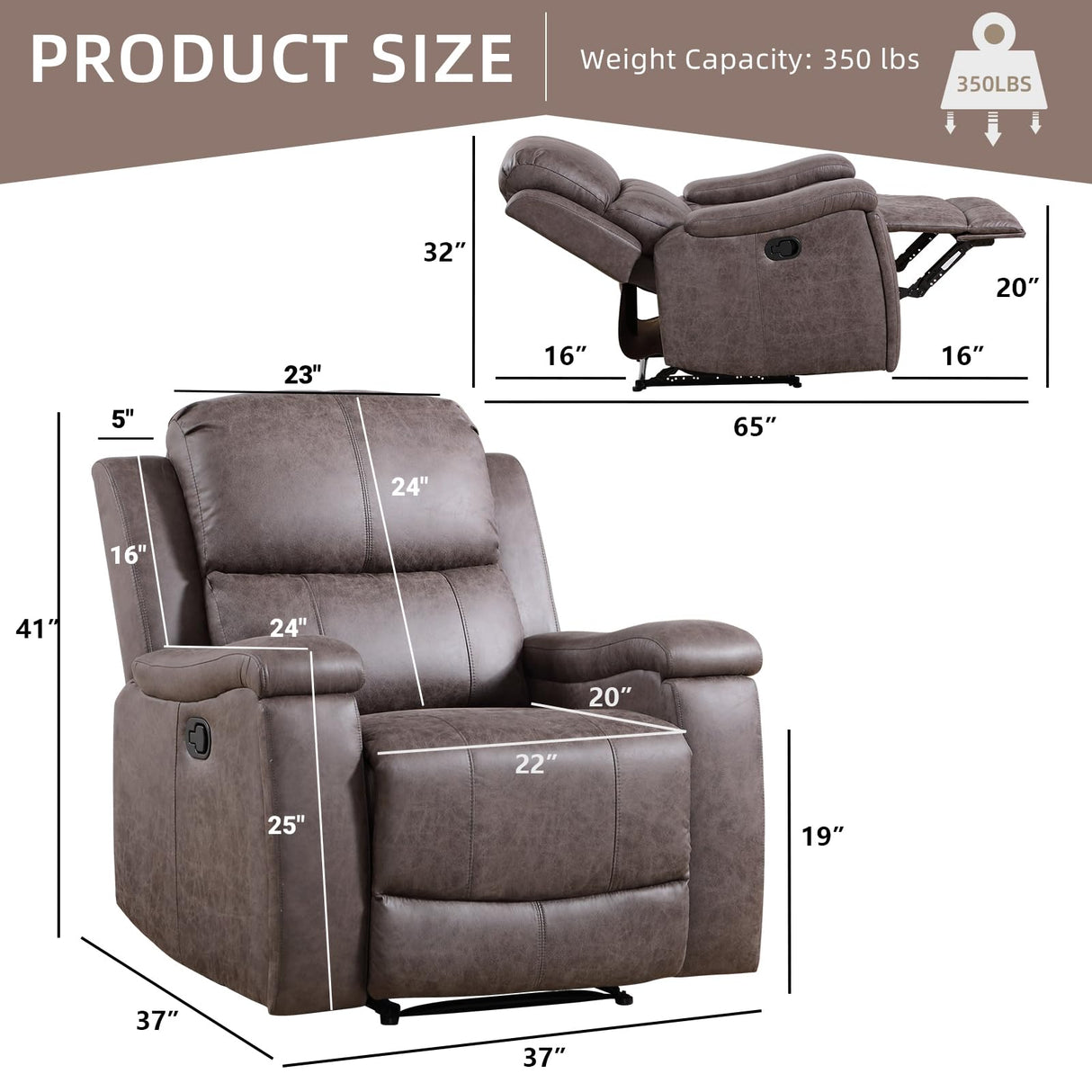 IOMOR Leather Recliner Chair, Manual Recliner Chair for Adults with Overstuffed Arms and Back, Single Sofa Recliner with Cup Holders for Living Room (1, Grey) IOMOR