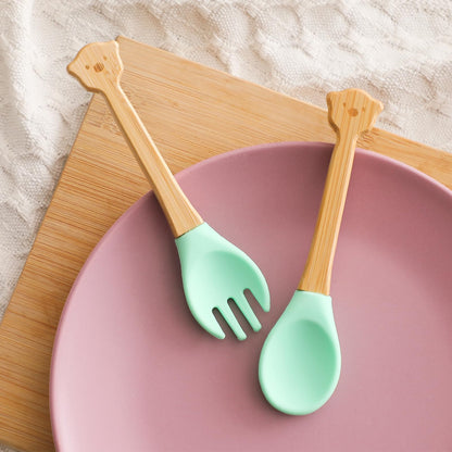 Baby Feeding Spoon, Bamboo Wood and Silicone Baby Fork and Spoon - Soft Curved Silicone Tip Spoons - Suitable for Baby and Toddlers Forked Spoone （Green Bear）