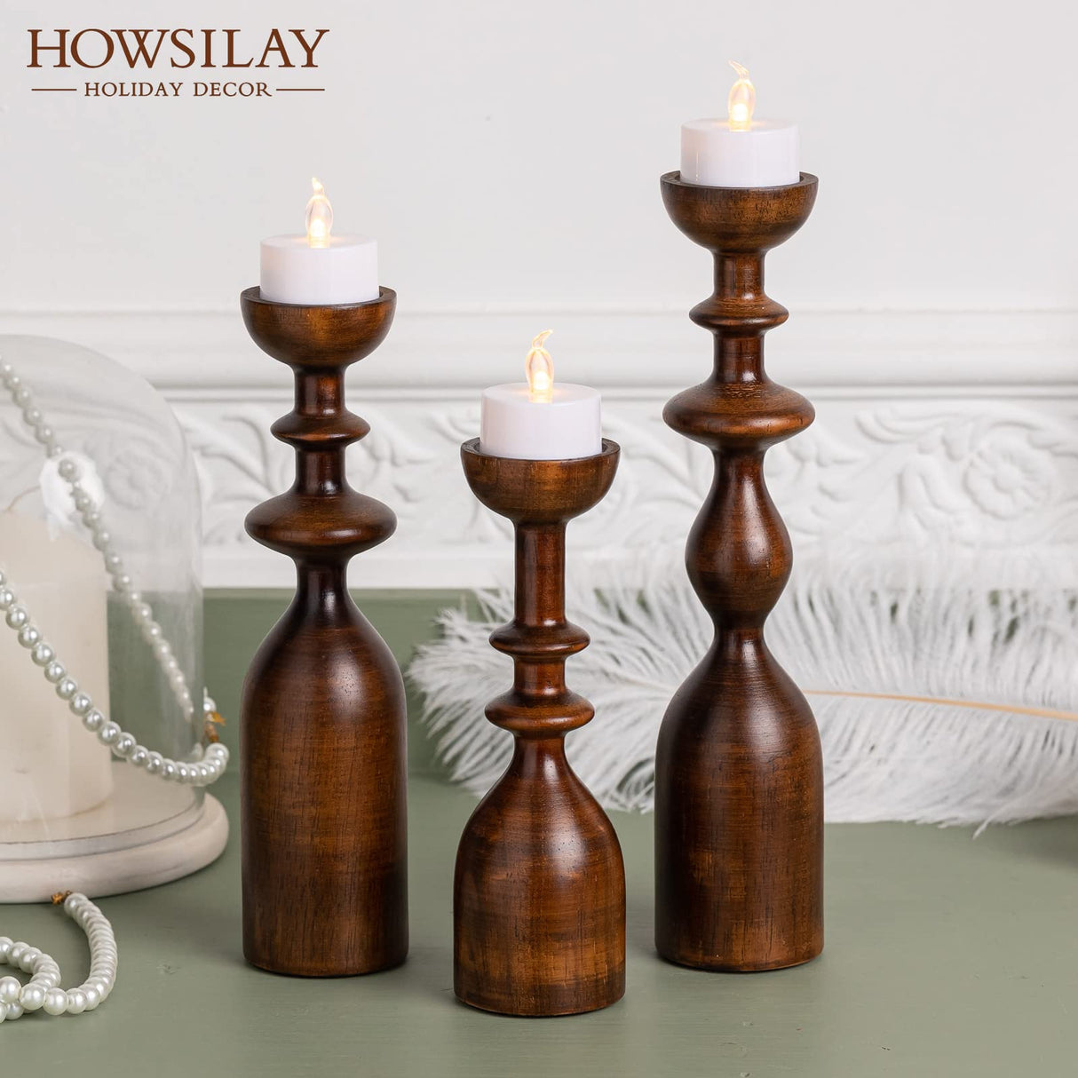 HOWSILAY Candle Holder Wood Candle Holders for Table Centerpiece Candlestick Holders Modern Farmhouse Decor Candlesticks fits 3/4" or 7/8" Taper Candle and Dia 1.5" Led Tea Lights or Pillar Candles HOWSILAY