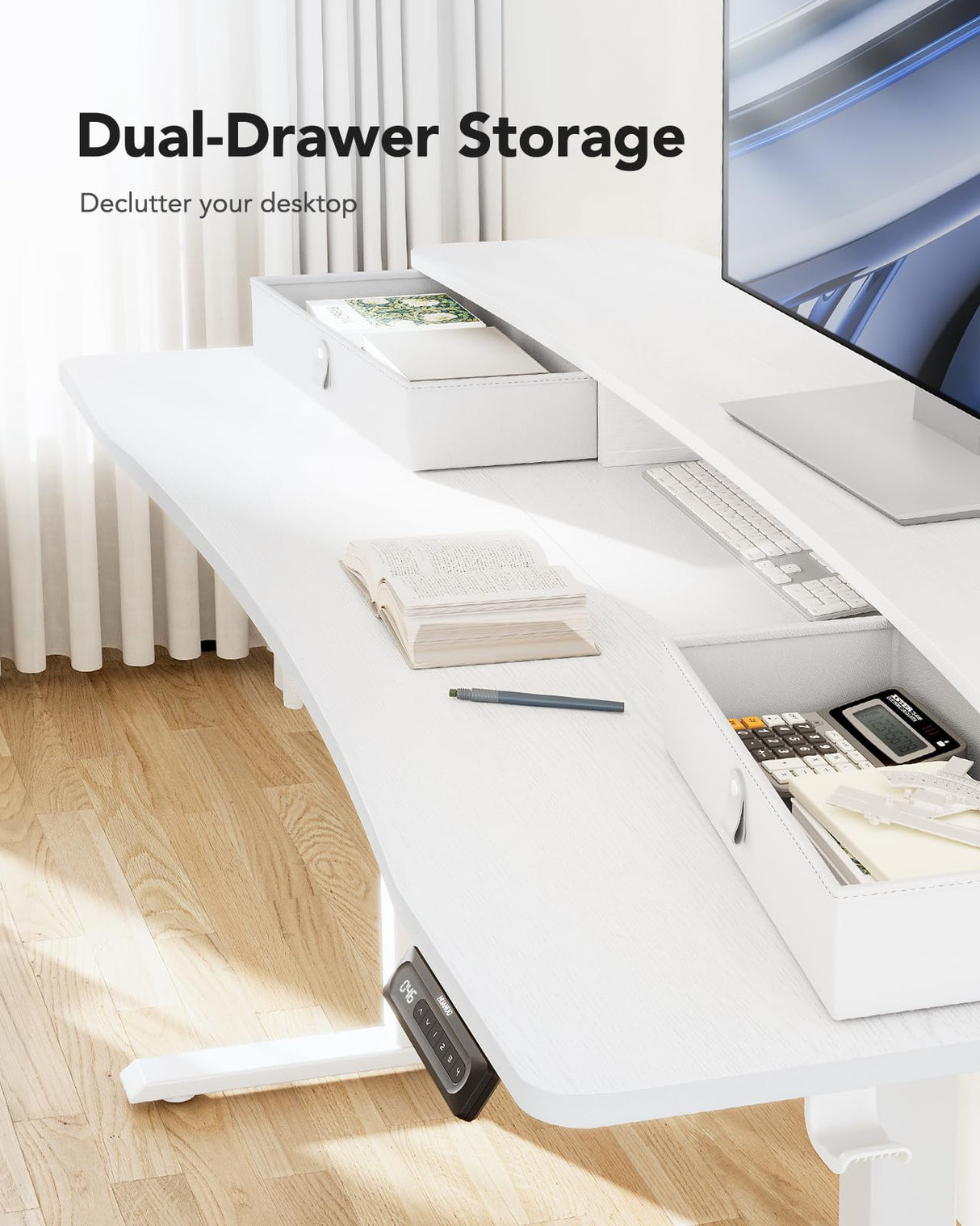 HUANUO 48″ x 24″ Electric Standing Desk with 2 Drawers, C-Clamp Mount Compatible, Height Adjustable Computer Desk, Home Office Stand Up Desk with 4 Preset Heights & 2 Hooks, White HUANUO