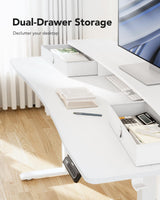 HUANUO 48″ x 24″ Electric Standing Desk with 2 Drawers, C-Clamp Mount Compatible, Height Adjustable Computer Desk, Home Office Stand Up Desk with 4 Preset Heights & 2 Hooks, White HUANUO