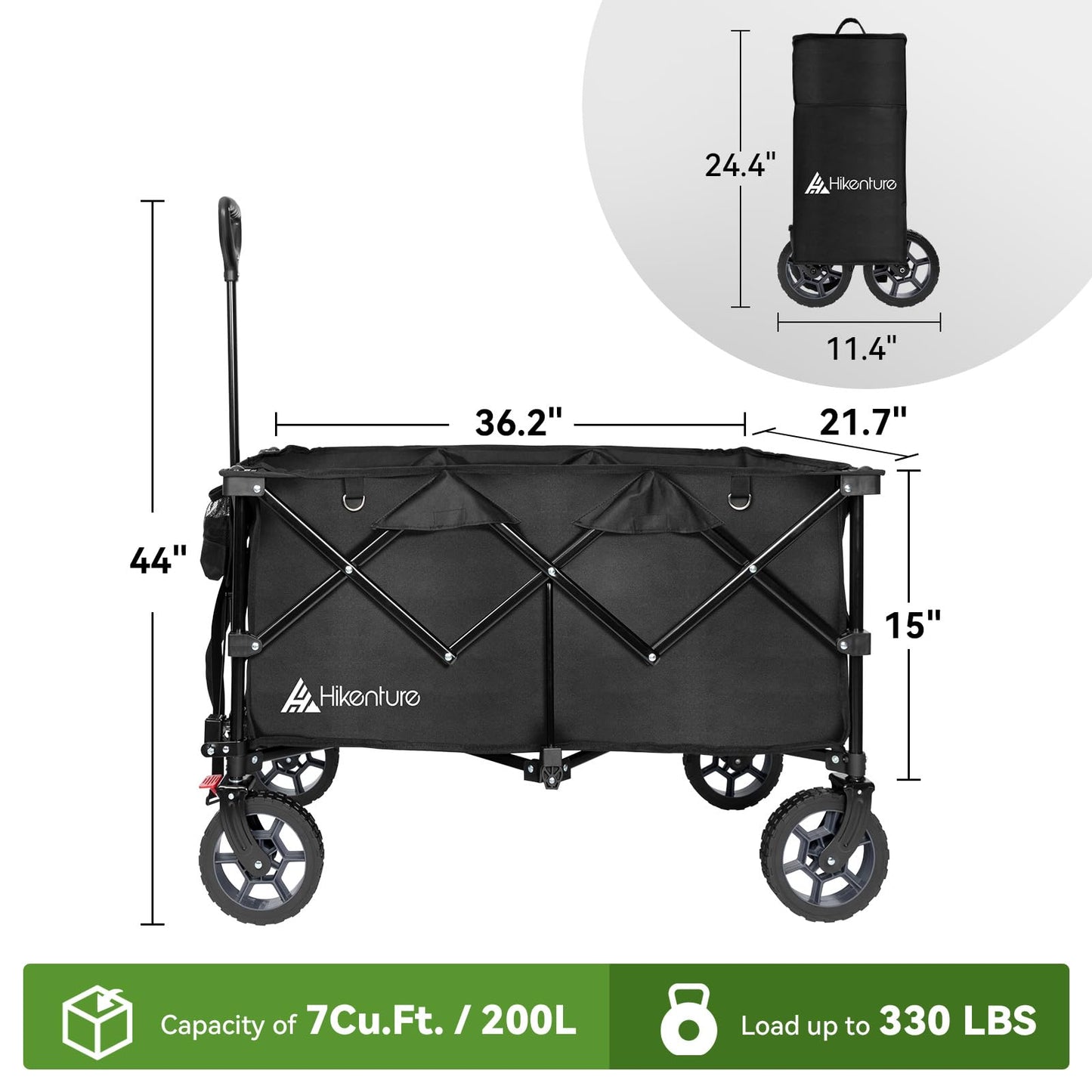 Hikenture 330lbs Collapsible Wagon Cart, Ultra-Large Wagons Carts Foldable, Heavy Duty Folding Wagon with Wheels, Utility All Terrain Wagon for Groceries, Garden, Sports, Beach, Shopping, Black