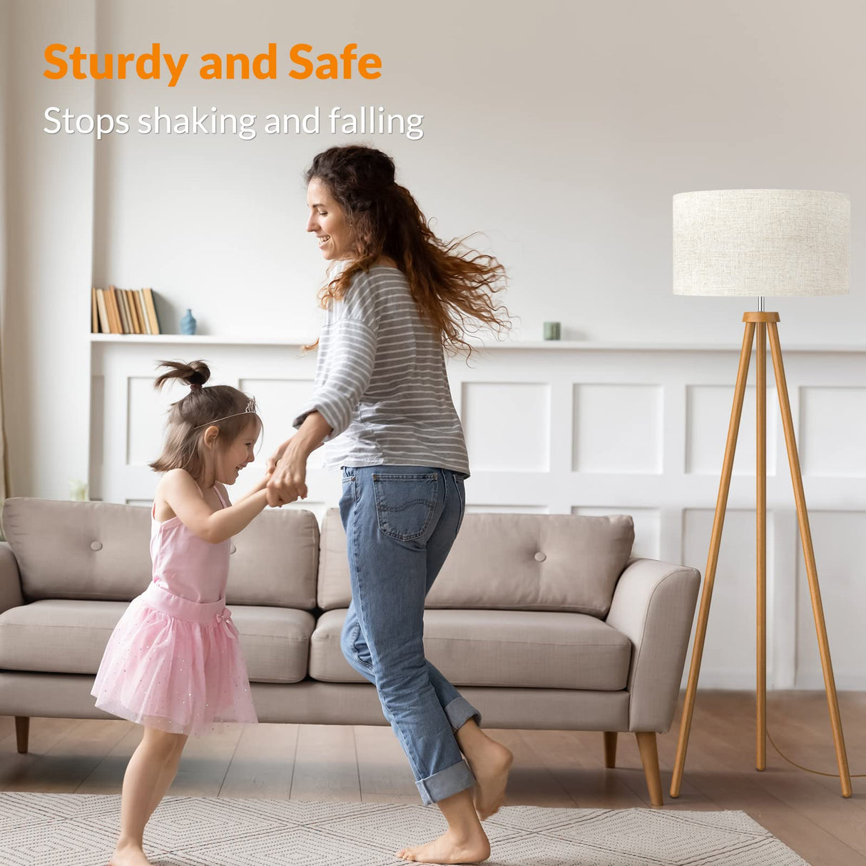 LEPOWER Wood Tripod Floor Lamp, Mid Century Standing Lamp for Living Room, Flaxen Lamp Shade, Modern Design Standing Lamp with E26 Lamp Base, Tall Floor Lamp for Bedroom, Study Room and Office Brown LEPOWER