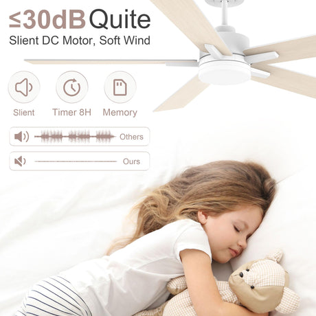 Lorpies 52” Smart Ceiling Fan with Lights Remote,Voice Control via Alexa Google WIFI App,Ultra Quiet DC Motor,Outdoor Indoor Modern Ceiling Fans,6-Speed for Bedroom Patio Porch,White and Wood Color Lorpies