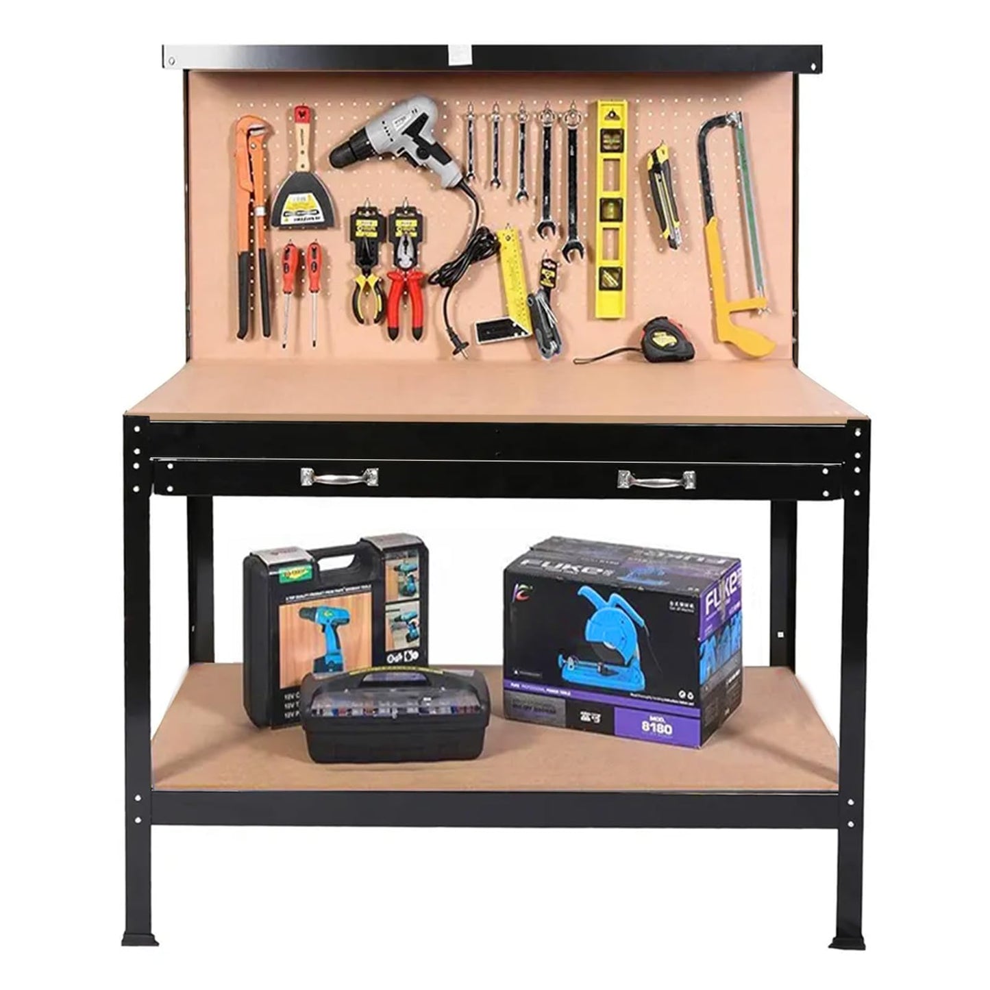 Heavy-Duty Steel Workbench – 63" Multipurpose Workshop Table with Drawer, Pegboard & Shelf, Woodworking & Garage Tool Organizer, 300 lbs Capacity - WoodArtSupply