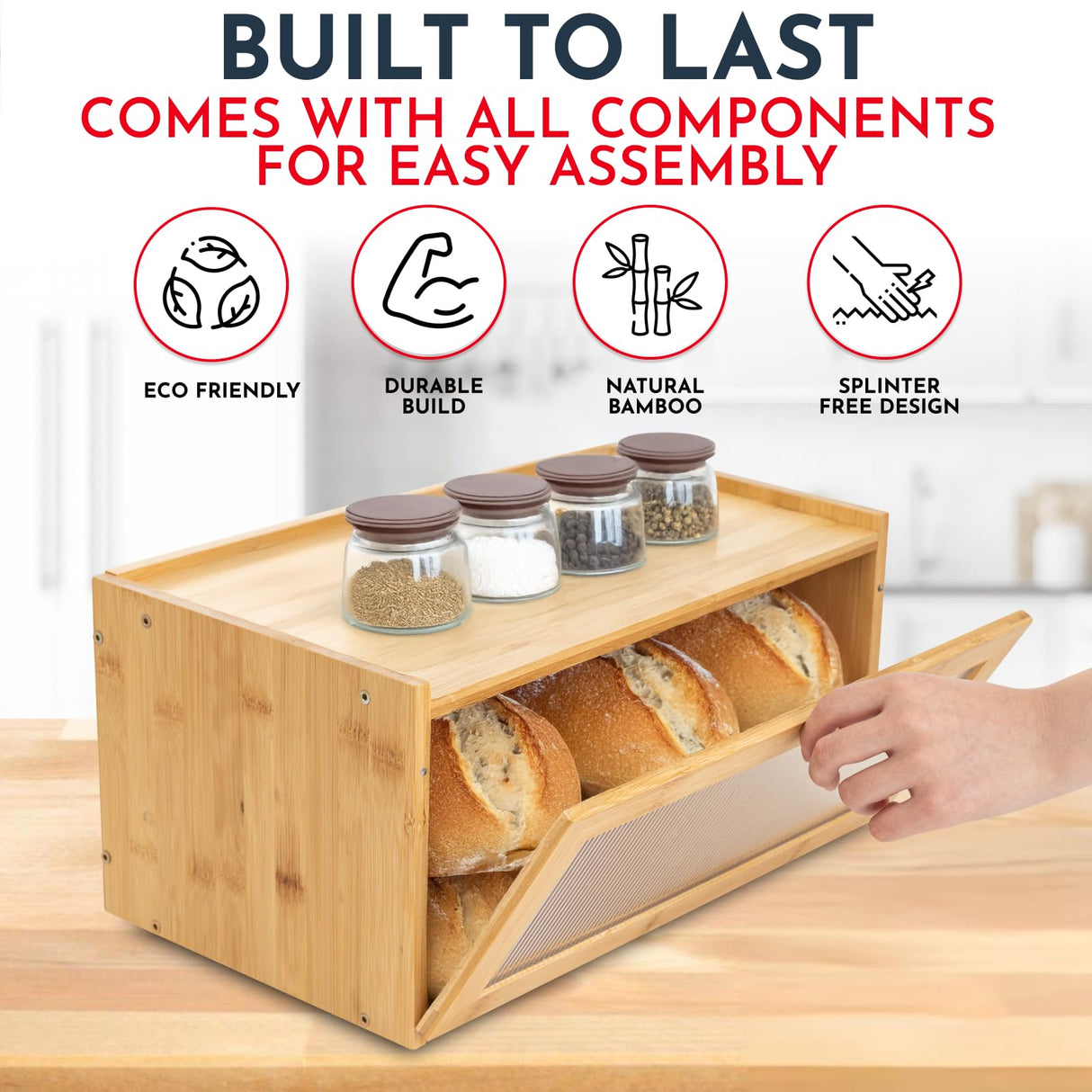 Culinary Couture Bamboo Bread Box for Kitchen Countertop - Large Capacity Storage BreadBox for Homemade Bread with Acrylic Window and Extra Top Storage Culinary Couture