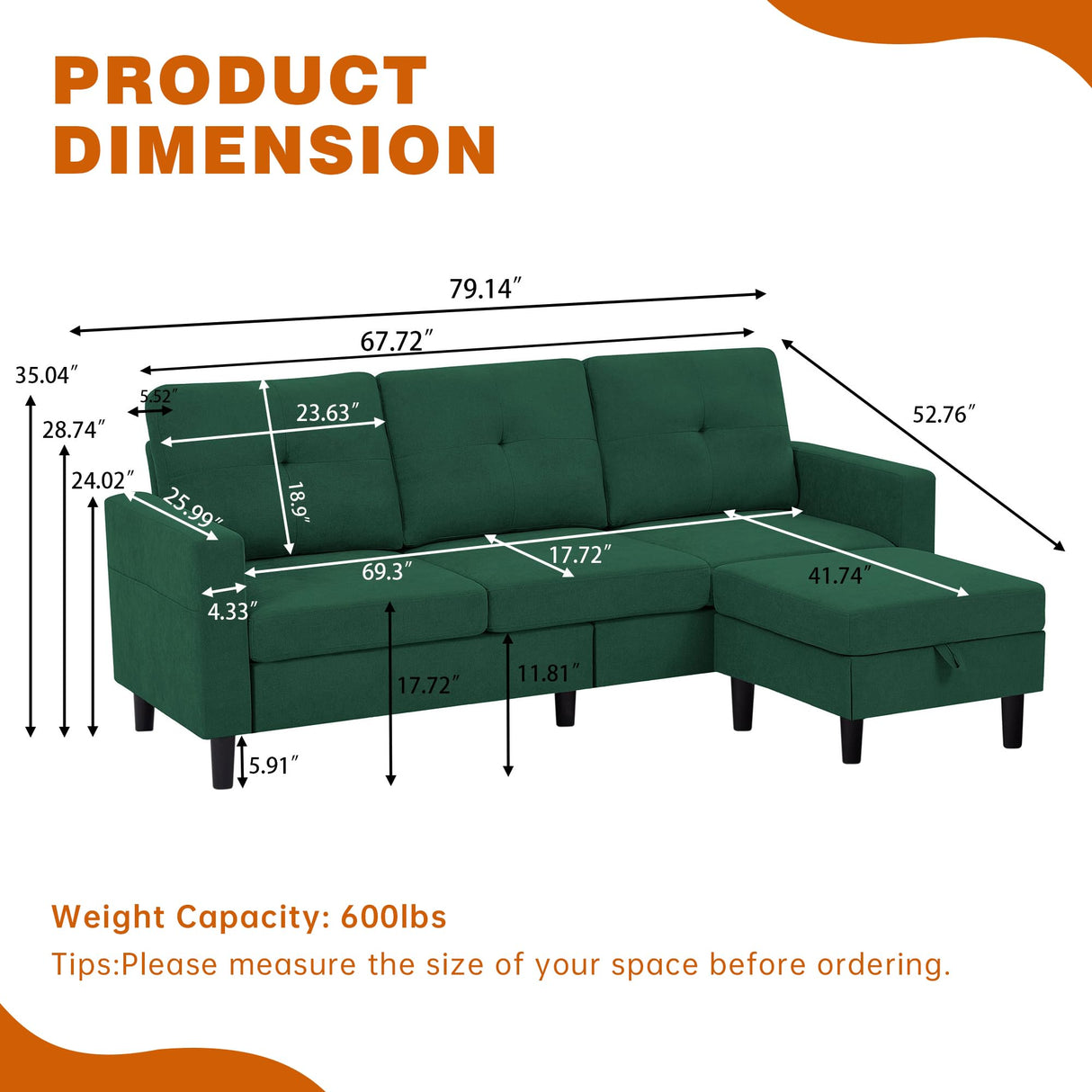 Pingliang Home Sectional Sofa Couches for Living Room, Modular 3 Seats Sectional Sofas L Shaped Couch with Storage and Reversible Chaise, Linen Fabric, 79" (Green) Pingliang Home
