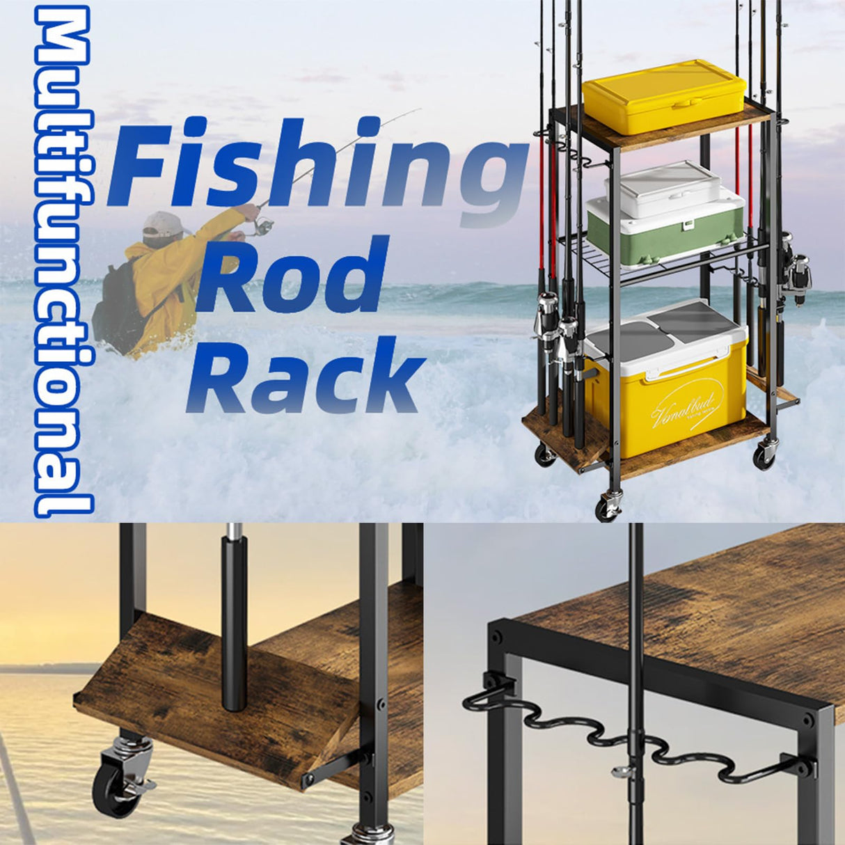 ZHOOGE Fishing Rod Holders for Garage, Fishing Pole holders Fishing Pole Rack Holds up to 8 Rods and Reel Combos, Fishing Gear Equipment Organizer Storage Solution for Garage Basement or Indoor ZHOOGE