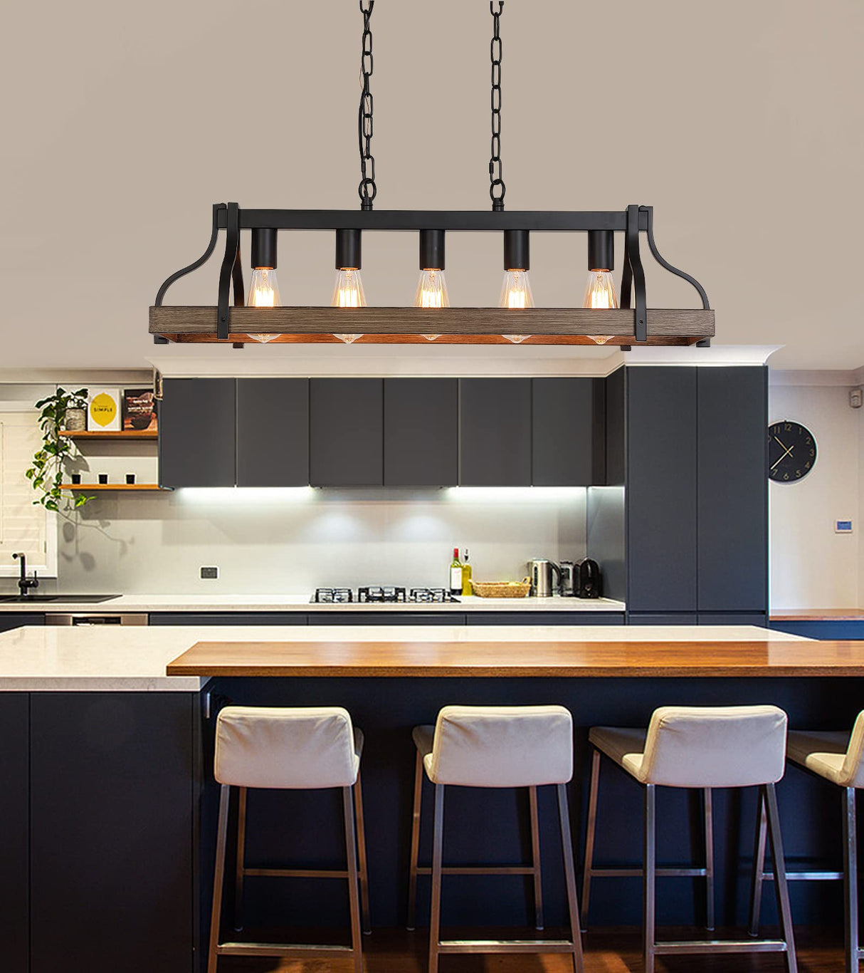 MEIXISUE Rustic Kitchen Island Dining Room Light Fixture Farmhouse Linear Chandelier Black and Retro Wood Finish 5-Light Industrial Metal Hanging Pendant Light UL Listed L33.5 W10.6 MEIXISUE