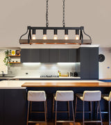 MEIXISUE Rustic Kitchen Island Dining Room Light Fixture Farmhouse Linear Chandelier Black and Retro Wood Finish 5-Light Industrial Metal Hanging Pendant Light UL Listed L33.5 W10.6 MEIXISUE