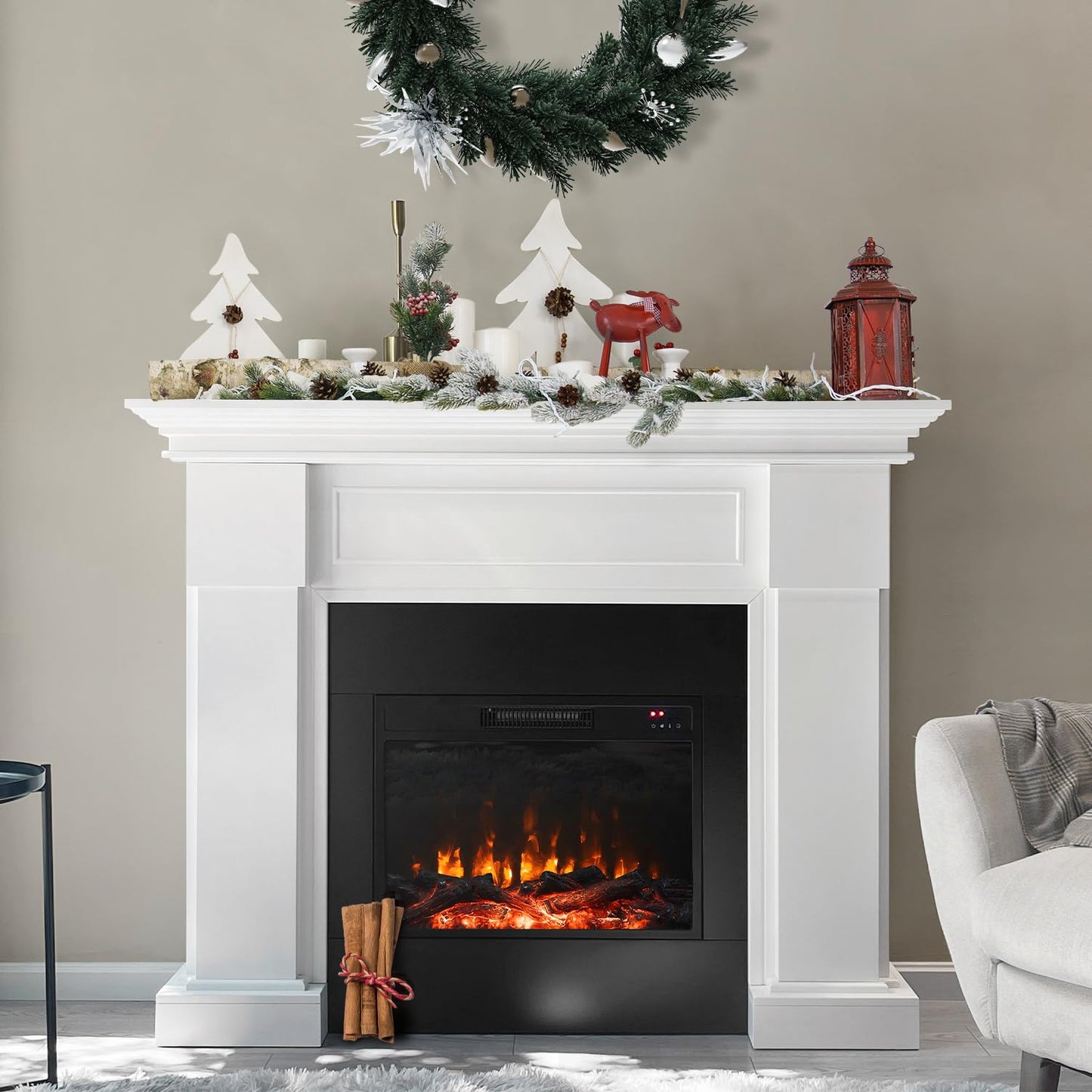 54.8-Inch White Electric Fireplace with Mantel, Stylish Heater for Your Living Room or Bedroom, Includes Remote Control and LED Flame Effects