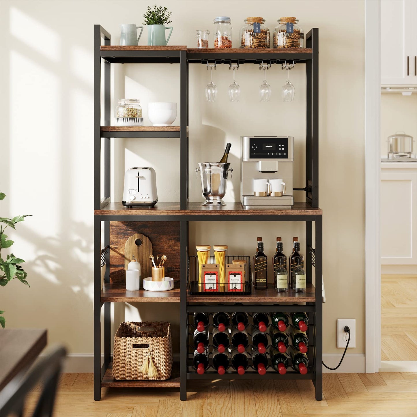 YITAHOME Rustic Brown Kitchen Microwave and Wine Rack with Power Outlet - Multifunctional Storage Solution for Dining Room and Coffee Bar