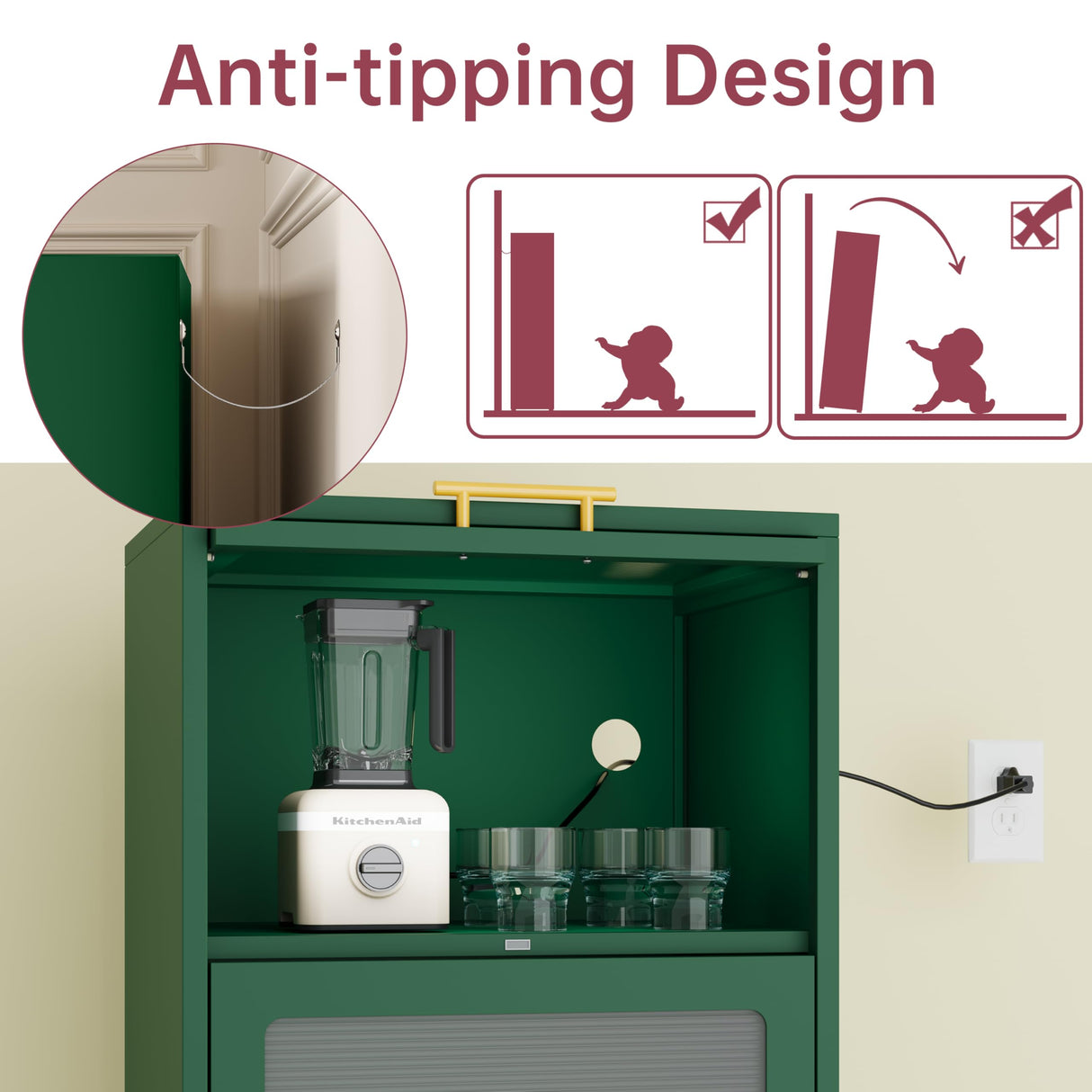 GAIOUS 5-Tier Kitchen Pantry Cabinet, Display Storage Cabinet with 4 Flip-up Acrylic Glass Doors and 1 Drawer, Green Freestanding Bakers Rack to Storage Small Microwave Spice Seasoning Bowl Cup Books GAIOUS