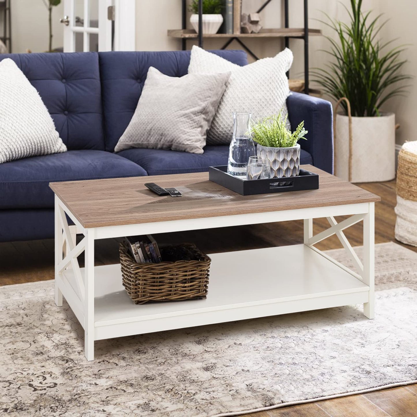 Sophia & William Farmhouse Coffee Table with Storage Shelf for Living Room, Ivory - WoodArtSupply