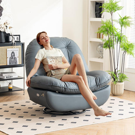 Oversized Recliner Chair, Electric Reclining Sofa Living Room Adults Modern Swivel Rocker Glider Chairs for Reading Gaming Nursery Theater Seating Silicone Leather, Dark Grey SLEERWAY