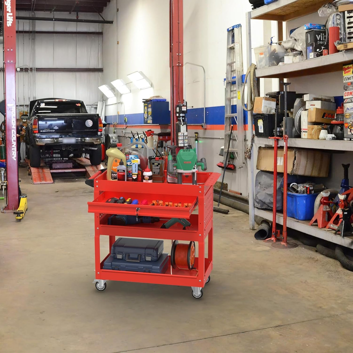 Pelnuies 3 Tray Tool Cart with Drawers, 400 LBS Capacity Rolling Tool Cart on Wheels, Heavy Duty Utility Cart with Pegboard, Mechanic Tool Storage Cart for Garage, Warehouse and Repair Shop, Red Pelnuies
