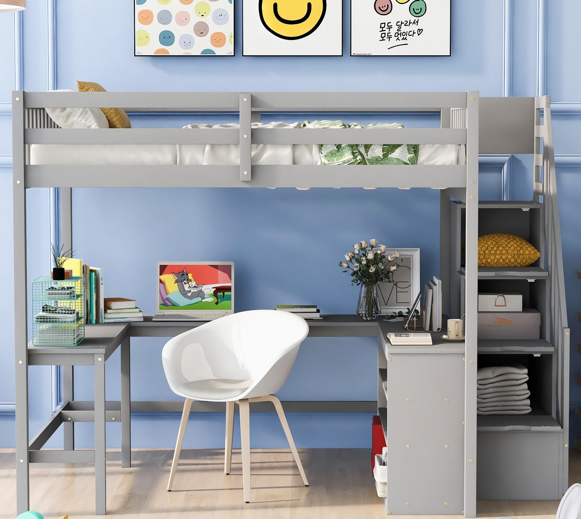 Merax Grey Full Size Loft Bed Frame with Built-in L-Shaped Desk, Storage Stairs, and Shelves for Kids - WoodArtSupply