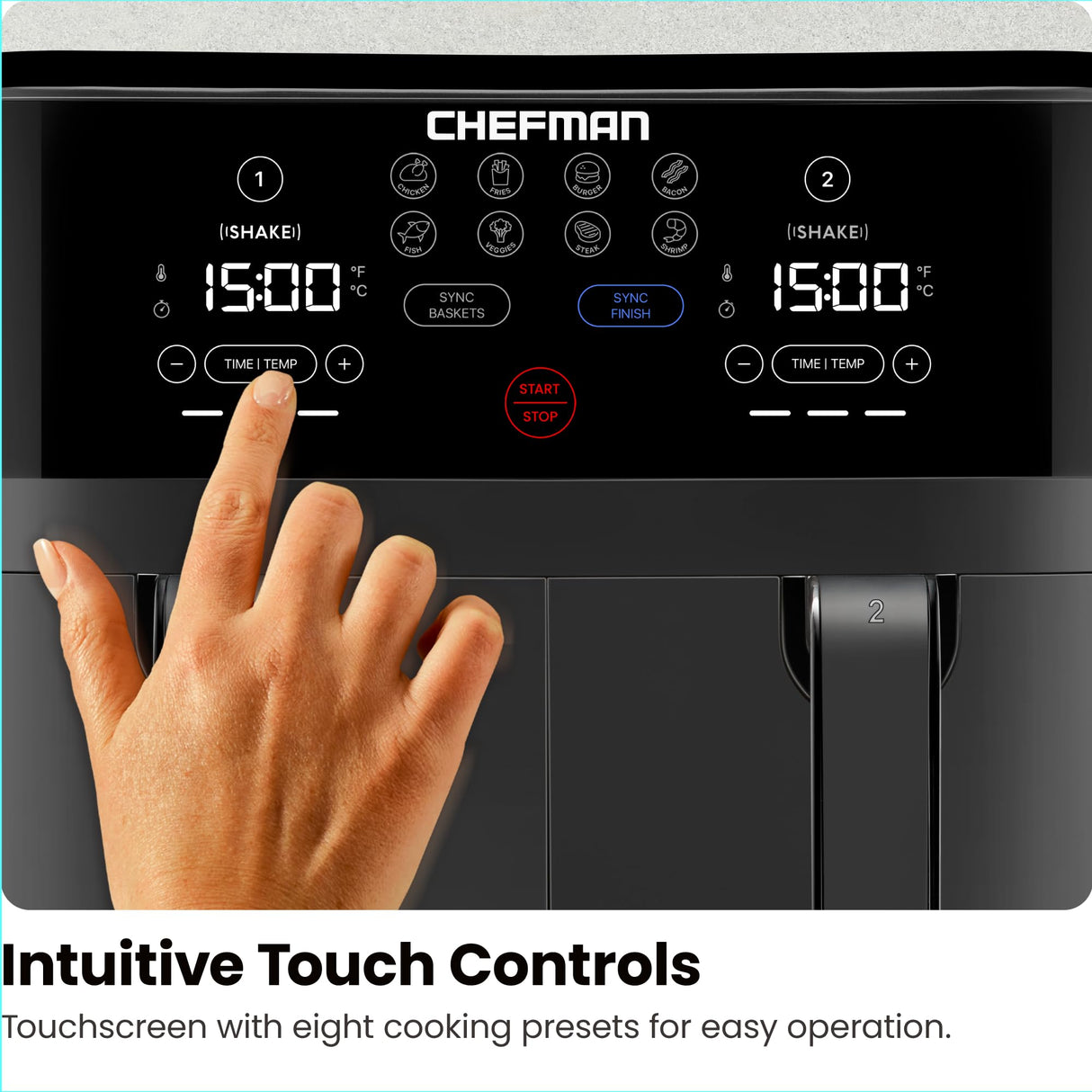 Chefman TurboFry Touch Dual Air Fryer, Maximize The Healthiest Meals With Double Basket Capacity, One-Touch Digital Controls And Shake Reminder For The Perfect Crispy And Low-Calorie Finish Chefman