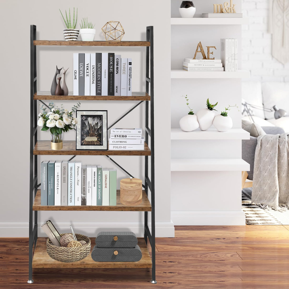 5 Tier Ladder Bookshelf, Heavy Duty Rustic Brown Wood and Metal Bookcase with 1.2" Thick Shelves, 63" H x 30" W x 14" D, Industrial Open Storage Shelving for Living Room, Bedroom, Kitchen TooCust