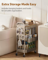 ALVOROG Rolling Cart with Drawer and Wood Table Top, 3 Tier Metal Rolling Utility Cart on Wheels with DIY Pegboards, Hanging Baskets, Hooks for Kitchen, Bedroom, Office, Craft Supplies ALVOROG