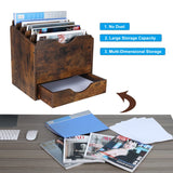 PAG Wood Desktop File Holder Organizer Mail Sorter with Drawer, for File Folders, Mails, Envelopes, Mailing Supplies or Magazines, 6 Compartments, Antique Brown PAG