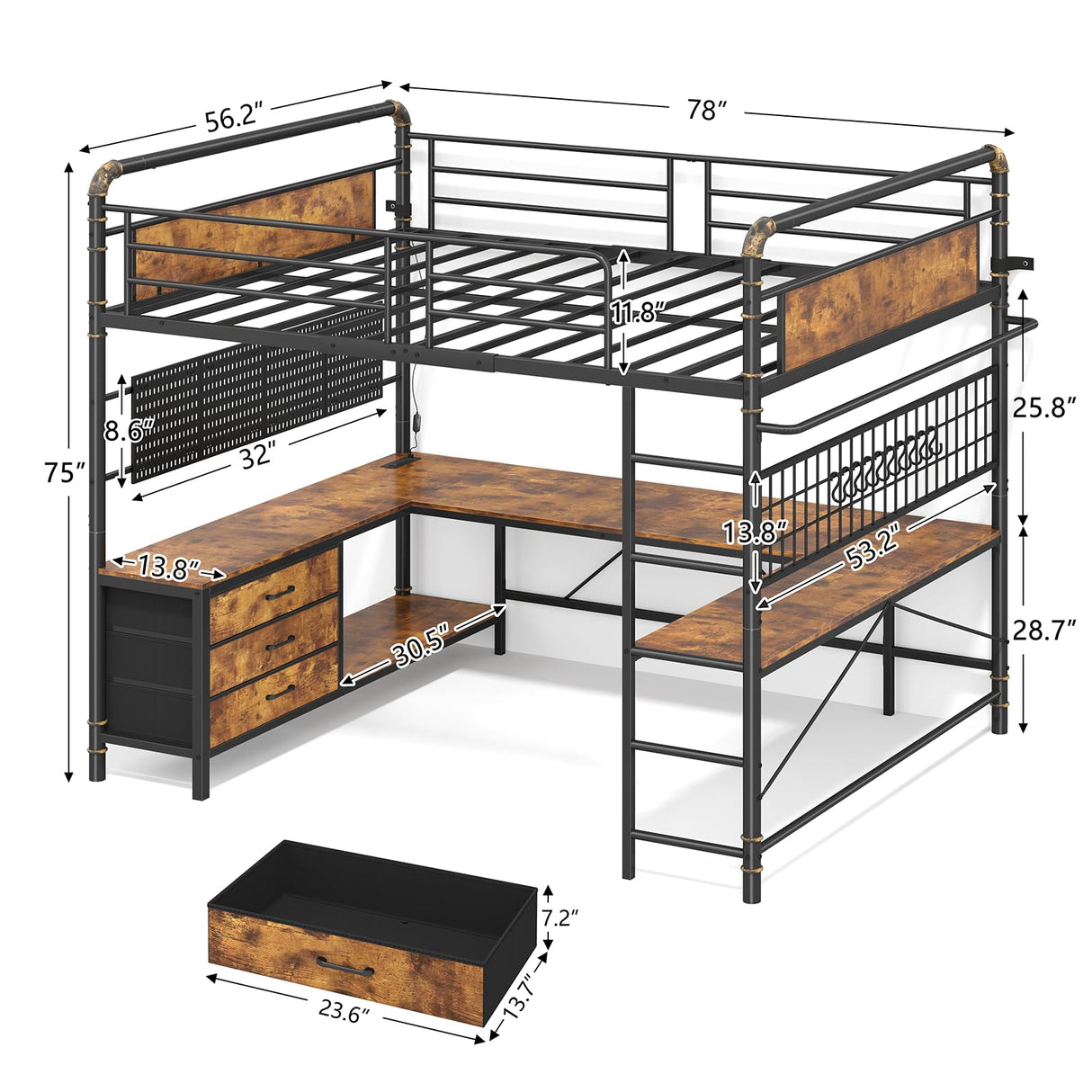 Full Size Loft Bed with U-Shaped Desk, Industrial Heavy Duty Full Loft Bed Frame with Pegboard & Mesh Shelf, RGB Lights, Bunk Loft Beds with Power Outlet, 3 Storage Drawers, Safety Guard & Ladder CSZZD