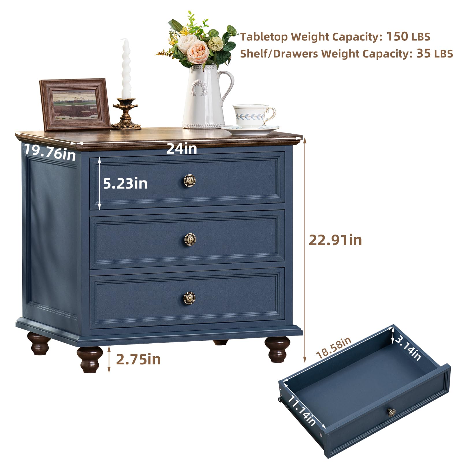 Joaxswe 24" Wide Farmhouse Night Stand Set of 2,Large End Table with 3 Drawers & Metal Handle,Blue Dresser for Bedroom,Bed Side Table Chest of Drawers Cabinet,Wood Nightstand for Living Room, - WoodArtSupply