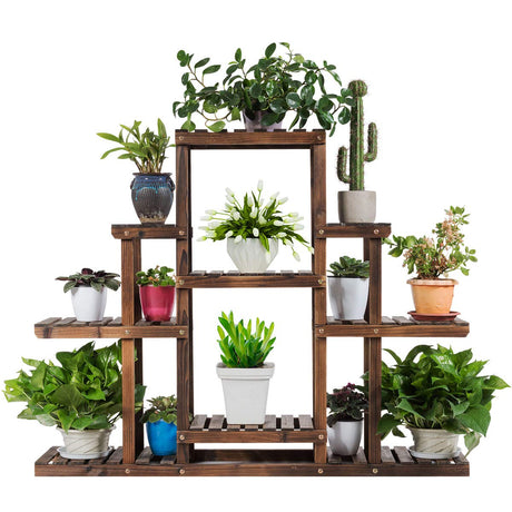 Giantex Flower Rack Wood Plant Stand Wood Shelves Bonsai Display Shelf Indoor Outdoor Yard Garden Patio Multifunctional Storage Rack Bookshelf W/Hollow-Out Rack (47.5”Lx 10’’Wx 38’’H (6 Tier)) Giantex