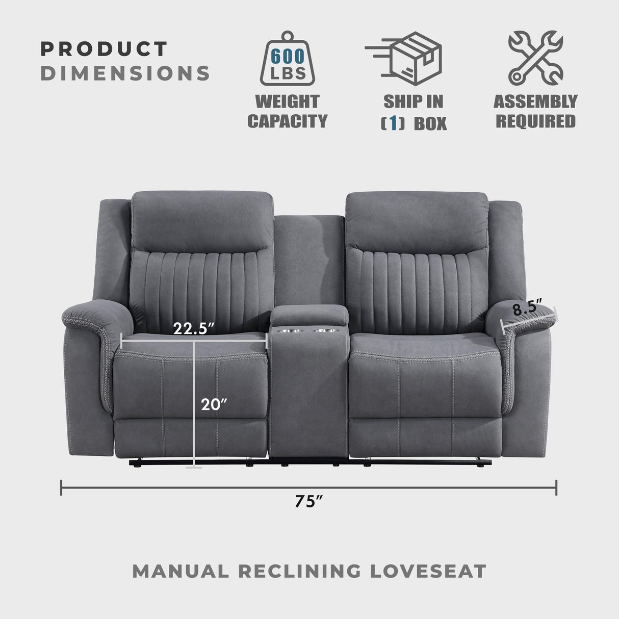 Lexicon Manual Double Reclining Loveseat, Polished Microfiber Manual Wall Hugger Loveseat Recliner for Living Room, Center Storage Console/Cup Holders, Easy Assembly, Gray Lexicon