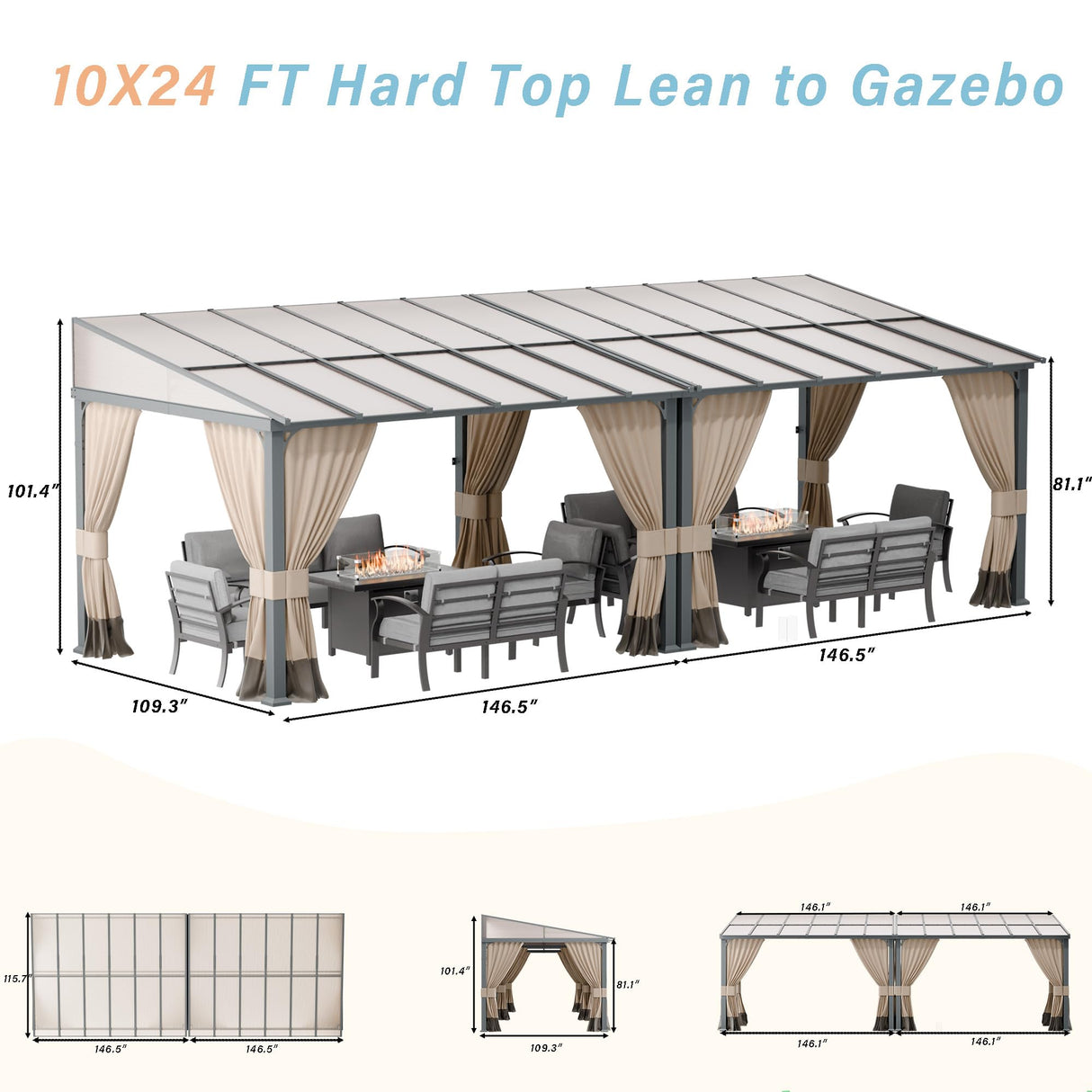 RTDTD 10' x 24' Gazebo，Hard Top Lean to Gazebo Wall Mount Heavy Hardtop Gazebo Outdoor Pergola with Curtains and Netting for Patio Garden Lawn Backyard Deck (Brown) RTDTD