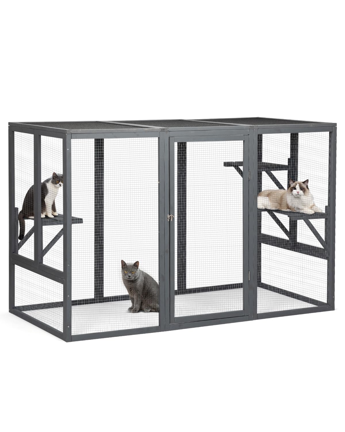 Catio Outdoor Cat Enclosure,71" L Outside Cat House Weatherproof, Wooden Catios for Cats Patio, Cat Houses with 3 Platforms (Grey, Large) - WoodArtSupply