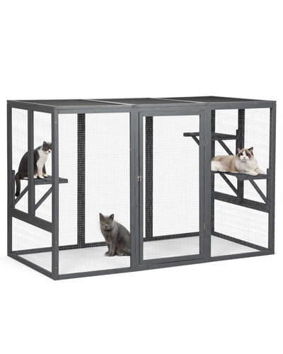 Catio Outdoor Cat Enclosure,71" L Outside Cat House Weatherproof, Wooden Catios for Cats Patio, Cat Houses with 3 Platforms (Grey, Large)