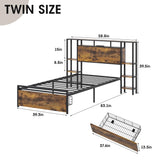 Maupvit Twin Bed Frame with 3-Tier Storage Shelves, Storage Drawer and Headboard, Twin Size Bed with Charging Station & LED Lights, Metal Platform Bed with Storage, No Box Spring Needed, Brown Maupvit