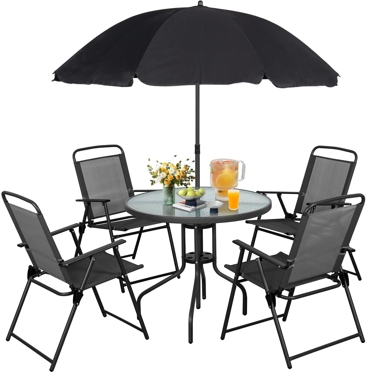 Vongrasig 6 Piece Folding Patio Dining Set,Small Metal Outdoor Garden Patio Table and Chair Set w/Umbrella for Lawn,Deck,Backyard,Black Vongrasig