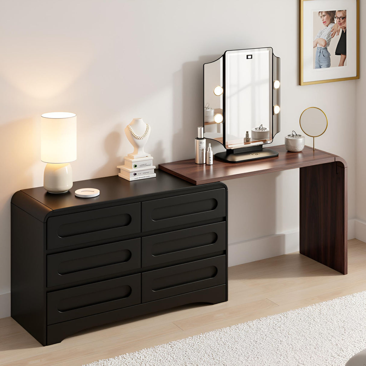 6 Drawer Dresser with Extendable Table, L-Shaped Desk Vanity Combo, 47" Wood Dresser & Chest of Drawers, Modern Closet Clothes Storage Dressers Organizer for Bedroom Living Room Hallway, Black SOLACE FURNITURE