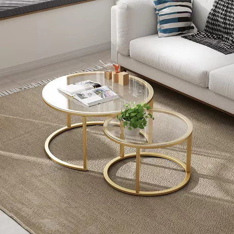 HEONITURE Gold Nesting Coffee Table Set of 2, Small Glass Nesting Tables for Living Room Bedroom, Accent Tea Table with Metal Frame HEONITURE