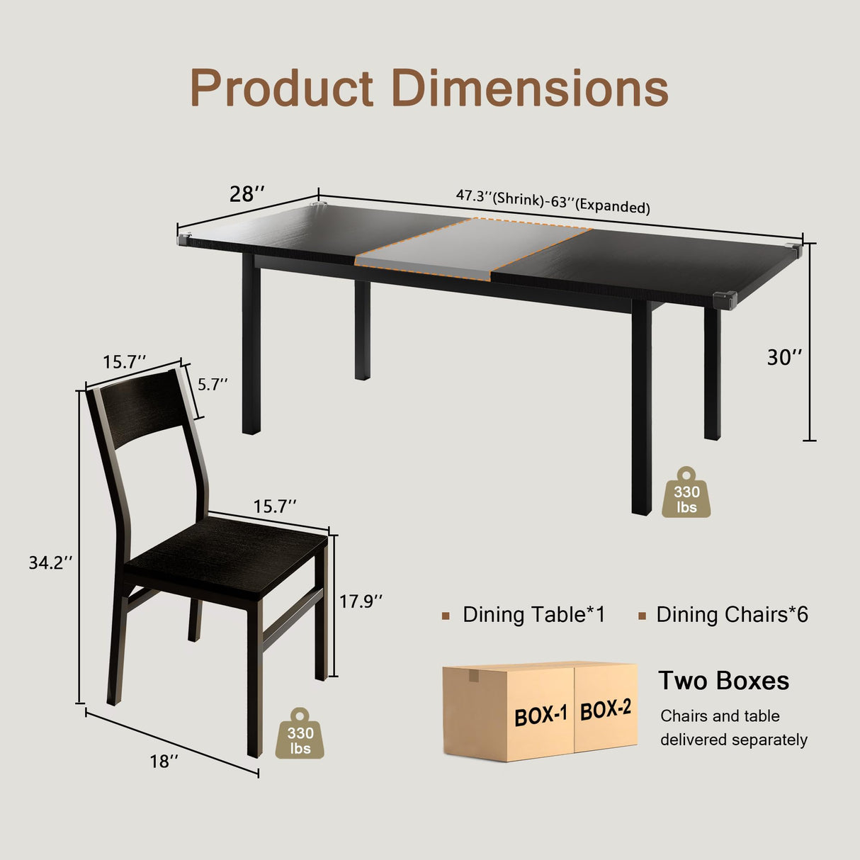 Einhomn 7-Piece Dining Room Table Set with 6 Chairs, 63" Extendable Dining Table & Chairs Set for 4-6, MDF Board & Metal Frame, for Kitchen, Dining Room, Black Einhomn