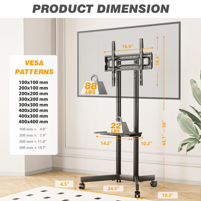 Rolling TV Stand with Upgraded Wheels for 32-70 Inch TVs, Height Adjustable Mobile TV Stand with Laptop Shelf, Mobile TV Cart with Heavy Duty Structure up to 88lbs for Living Room, Patio, Office