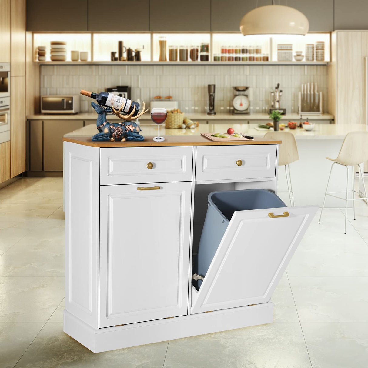 UEV Double Kitchen Trash Cabinets,Two Tilt Out Trash Cabinets with Solid Hideaway Drawers,Free Standing Wooden Kitchen Trash Can Recycling Cabinet Trash Can Holder (White) UEV