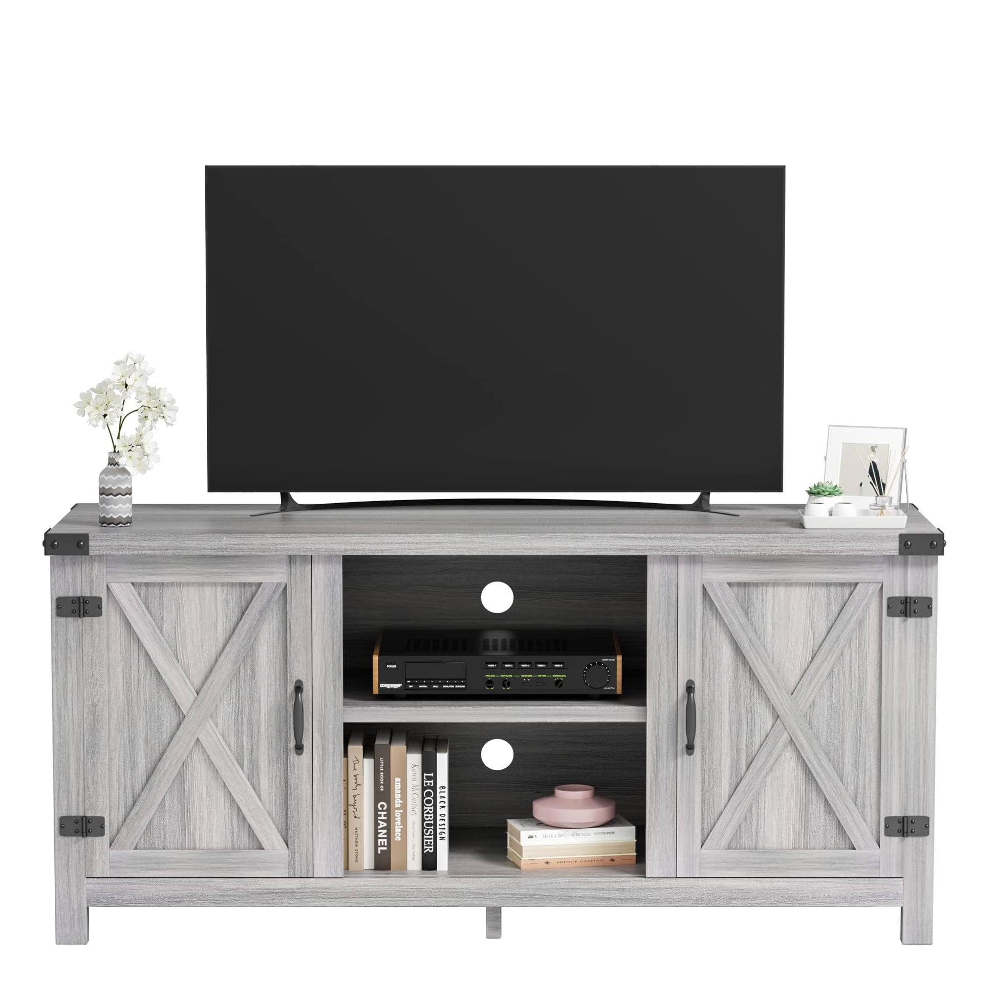 JUMMICO TV Stand for 65 Inch TV Farmhouse Entertainment Center with Double Barn Doors and Storage Cabinets, Console TV Table Media for Living Room, Bedroom (Grey, Without Fireplace) - WoodArtSupply