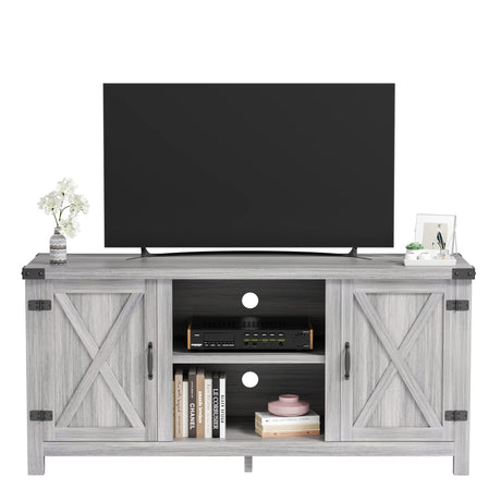 JUMMICO TV Stand for 65 Inch TV Farmhouse Entertainment Center with Double Barn Doors and Storage Cabinets, Console TV Table Media for Living Room, Bedroom (Grey, Without Fireplace) JUMMICO