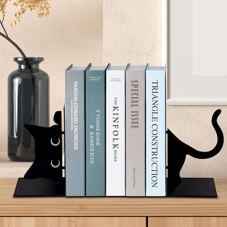 ENCIMART Book Ends Cat Decor Unique Bookshelf, Cute Metal Bookends for Shelves, Black Bookends to Hold Books for Bedroom Library Office School Book Desktop Organizer Cat Lover Gifts ENCIMART
