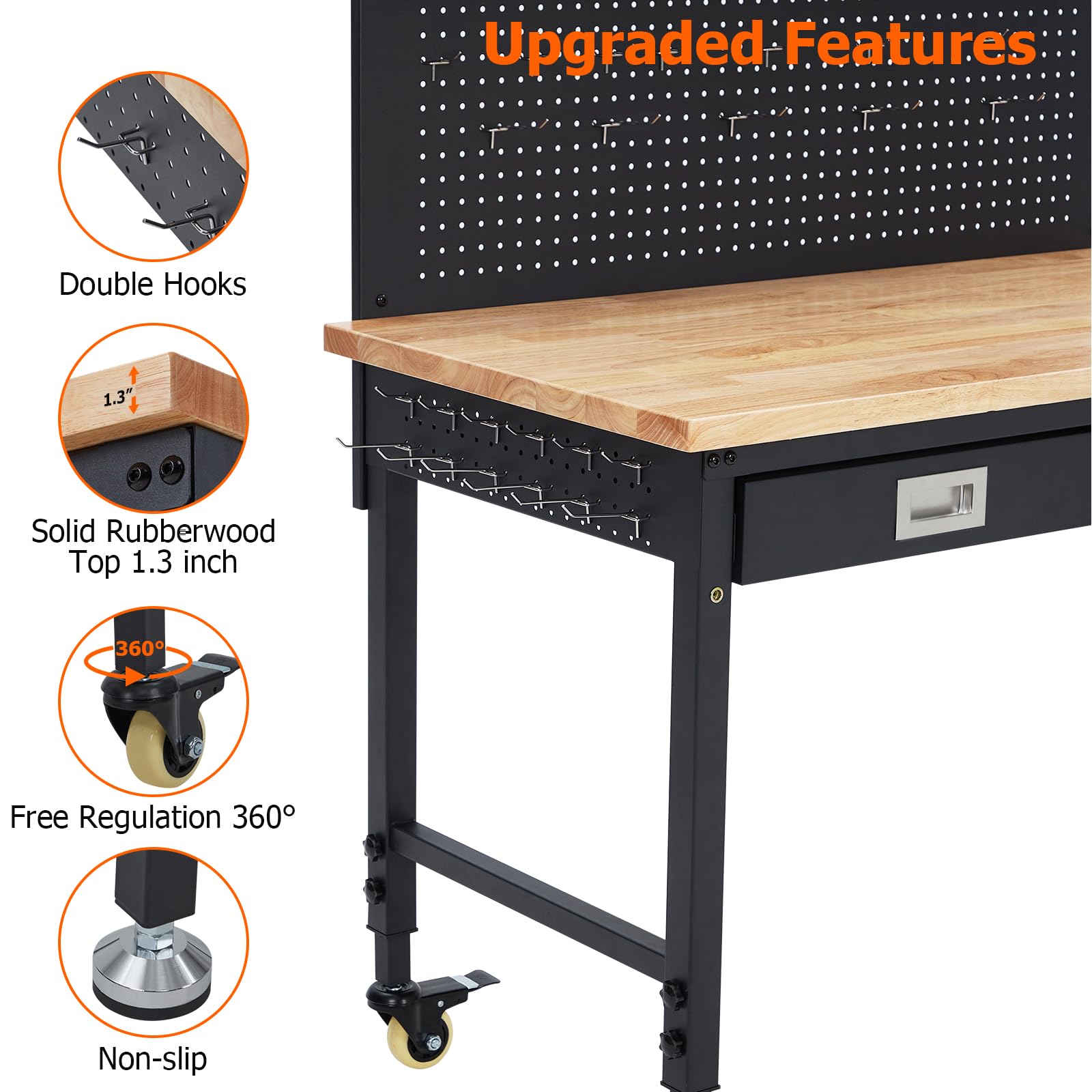 ACONEE 48"x 24" Workbench for Garage, Heavy Duty Workstation with Drawer Storage, Backplate, 2000LB Load Capacity, Multipurpose Rubber Wood Shop Table with Power Outlets, Hooks, Hardwood Work - WoodArtSupply