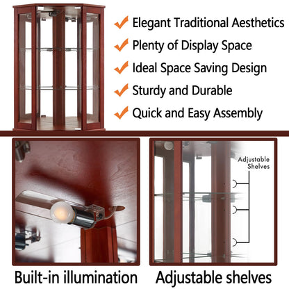 Lighted Curio Cabinet Corner Display Case for Living Room, China Hutch with Tempered Glass Doors and Shelves, Wooden Accent Cabinet, Bar and Liquor Storage Area(E26 light bulb not included) (Cherry)