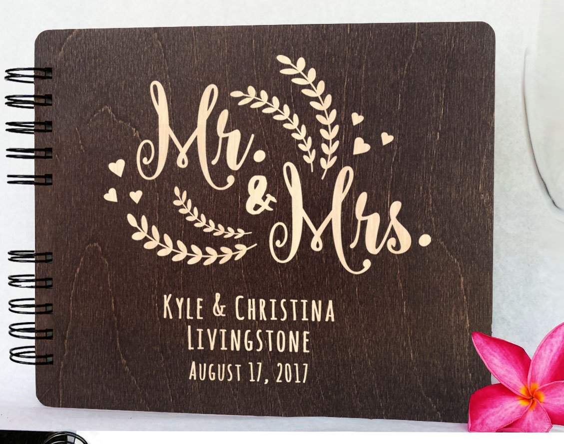 Personalized Wedding Guest Book Mr Mrs Wooden Rustic Vintage Bridal Black Mahogany Oak or Cocoa Unique Wood Hardcover Finish Options