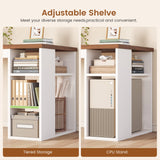 SEDETA Farmhouse 67" L Shaped Desk with 3 Drawers, White Corner Computer Desk with Storage Shelves, Home Office Desks with Power Outlets，Executive Desk for Home Office, White and Brown SEDETA