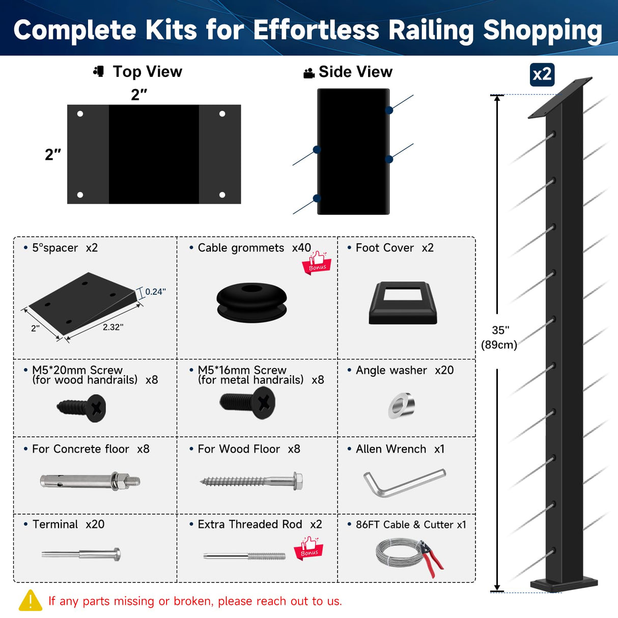 Gyykzz 2 Pack One-Stop Stair Cable Railing Post Kit, 36" Slant Fixed Top Stair Post with 5-Degree Spacers, Stair Railing System Including 2 Stair Post, 125ft Cable, 10 Sets Terminal, 60 Cable Grommets Gyykzz